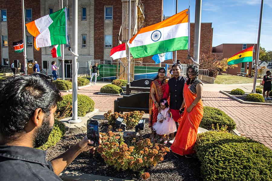 Walkout Day activities include the annual International Flag-Raising Ceremony at the Joyce and Harvey White International Flag Plaza. (Photo by Lauren Adams/Northwest Missouri State University)